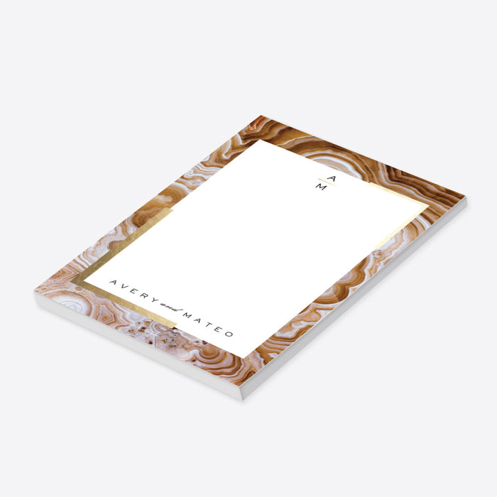 Personalized wedding notepad with a geode border design and custom couple names in a modern elegant stationery style-side