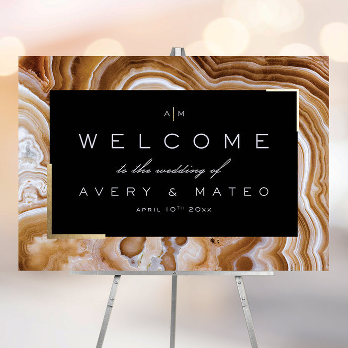 Personalized wedding thank you card with brown geode design and modern black and gold accents