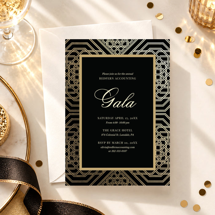 A black and gold corporate gala invitation template featuring geometric gold patterns, an elegant script headline, and customizable event details.