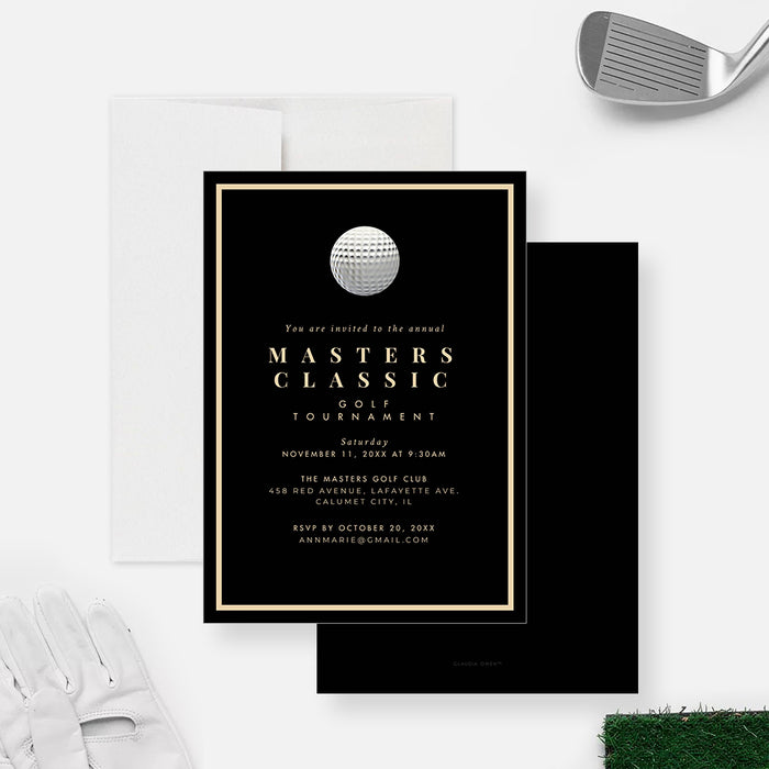 black golf tournament invitation featuring a golf ball illustration, elegant gold border, and custom event details-front-back