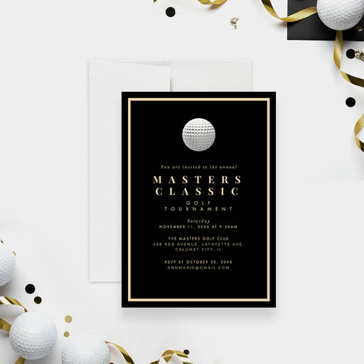 black golf tournament invitation featuring a golf ball illustration, elegant gold border, and custom event details-front