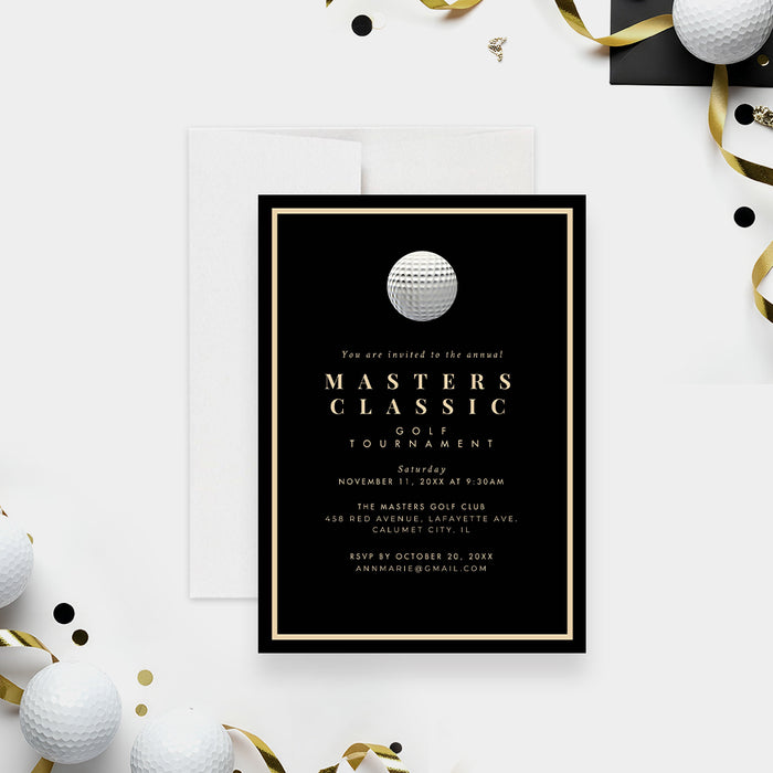 black golf tournament invitation featuring a golf ball illustration, elegant gold border, and custom event details-front