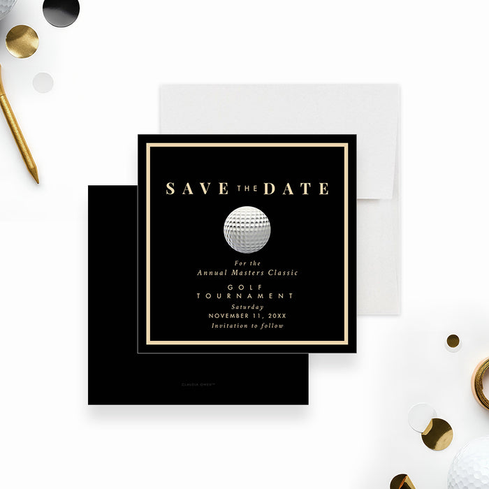 golf tournament save the date card with a black background, gold border, and realistic golf ball illustration-front-back
