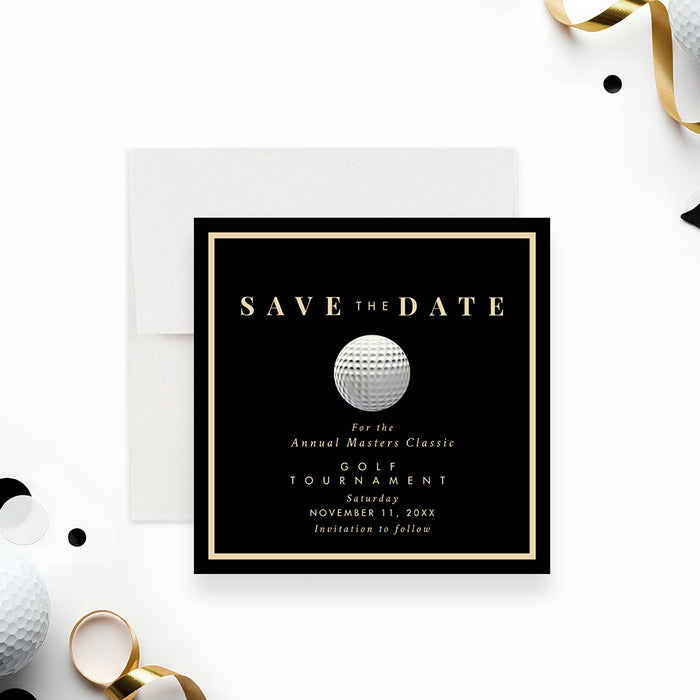 golf tournament save the date card with a black background, gold border, and realistic golf ball illustration-front