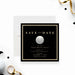 golf tournament save the date card with a black background, gold border, and realistic golf ball illustration-front