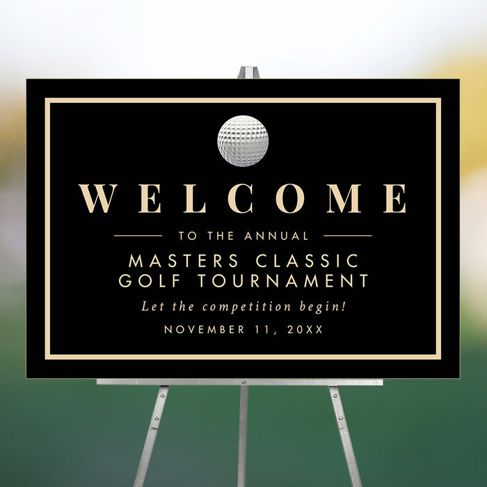 Personalized golf tournament welcome sign with black background, gold border, and golf ball illustration