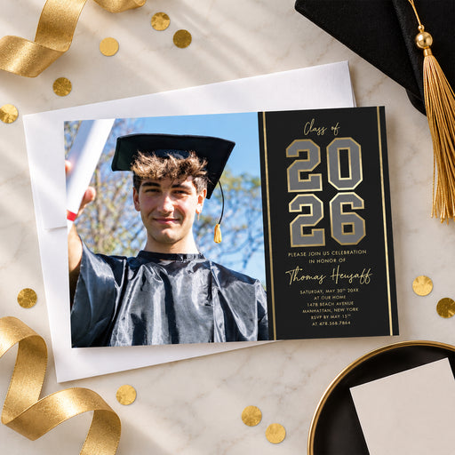 Elegant Class of 2026 graduation party invitation featuring a sophisticated black and gold theme with space for a graduate's photo and stylish lettering-front
