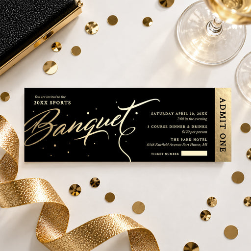 Black and gold sports banquet ticket template with gold script lettering, an admit-one strip, and editable event details.