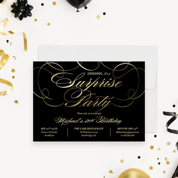 Black and gold surprise 80th birthday invitation with elegant gold script, decorative swirls, and personalized party details.