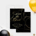 Black and gold surprise birthday save the date card with elegant gold script, decorative swirls, personalized celebration details.