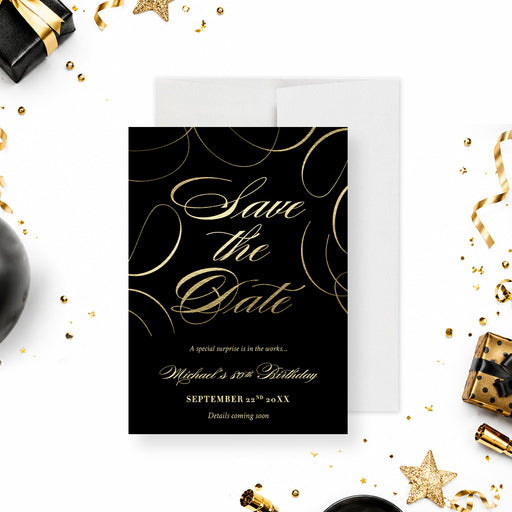 Black and gold surprise birthday save the date card with elegant gold script, decorative swirls, personalized celebration details.