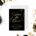 Black and gold surprise birthday save the date card with elegant gold script, decorative swirls, personalized celebration details.