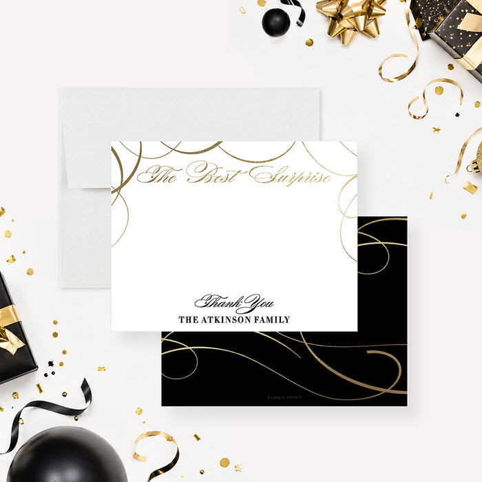 Personalized white thank-you card with gold swirl accents, “The Best Surprise” gold script, and custom family name.