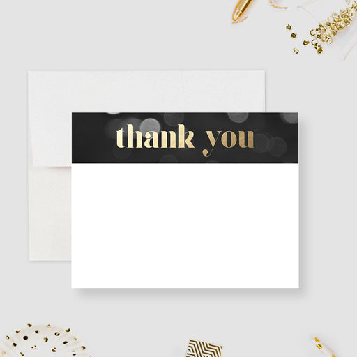 Elegant black thank you card with gold lettering and subtle bokeh design, ideal for weddings, formal parties, or business events.
