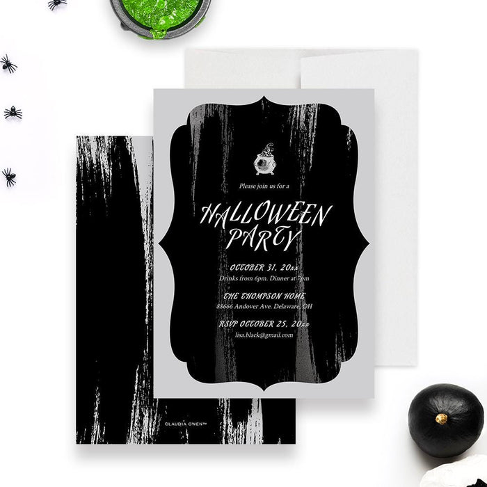 Editable Halloween party invitation with black brush design and cauldron digital template