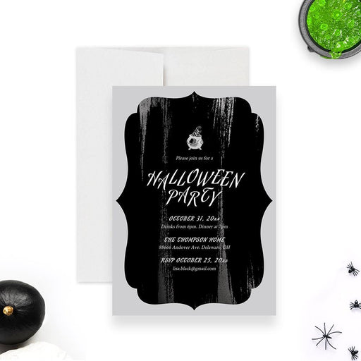 Editable Halloween party invitation with black brush design and cauldron digital template