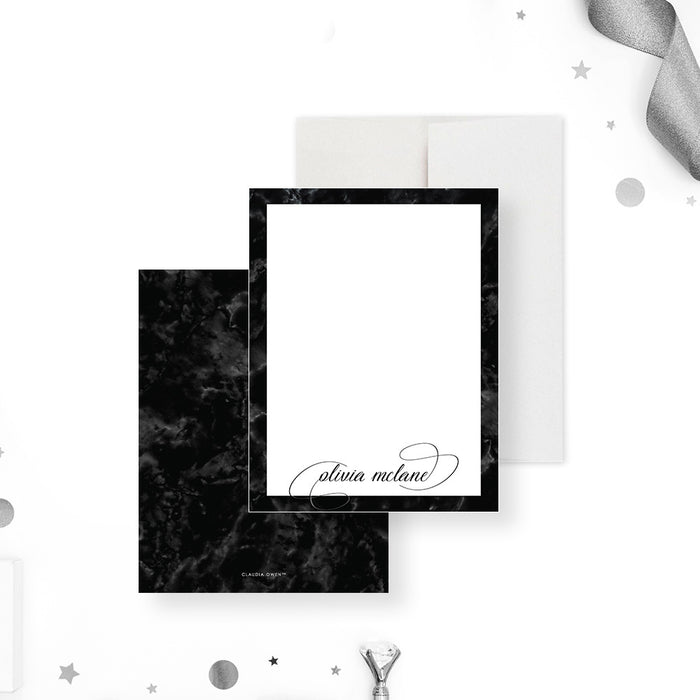 Black Marble Retirement Thank You Cards. Front and matching black marble back displayed with a white envelope.