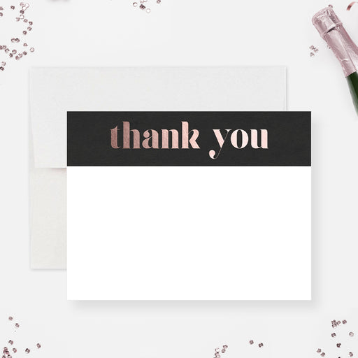 Elegant black thank you card with rose gold text, perfect for weddings, formal events, bridal showers, or business notes