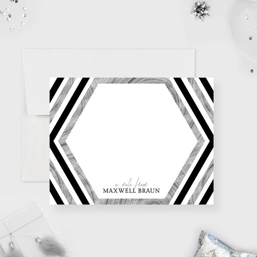 Black and silver note card with hexagon design for formal use
