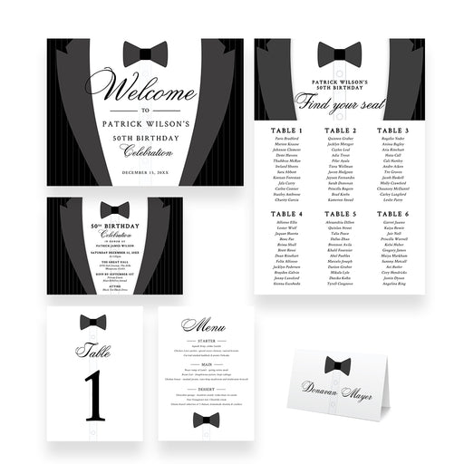 Black tie digital stationery template set featuring tuxedo design, invitation, welcome sign, seating chart, table numbers, place cards, and menu cards for weddings, birthdays, and elegant celebrations