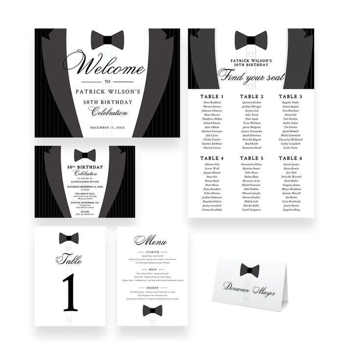 Black tie digital stationery template set featuring tuxedo design, invitation, welcome sign, seating chart, table numbers, place cards, and menu cards for weddings, birthdays, and elegant celebrations
