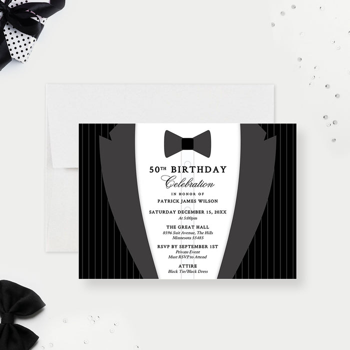 Black tie tuxedo design invitation template for weddings, birthdays, and elegant celebrations, editable digital download