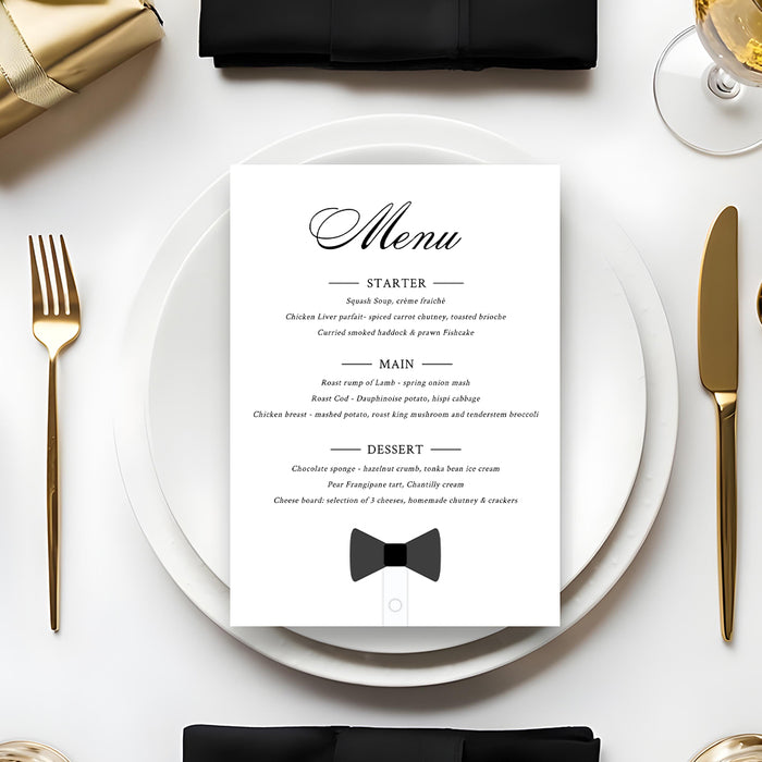 Black tie menu card template featuring tuxedo theme, editable digital card for weddings, birthdays, and upscale parties