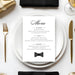 Black tie menu card template featuring tuxedo theme, editable digital card for weddings, birthdays, and upscale parties