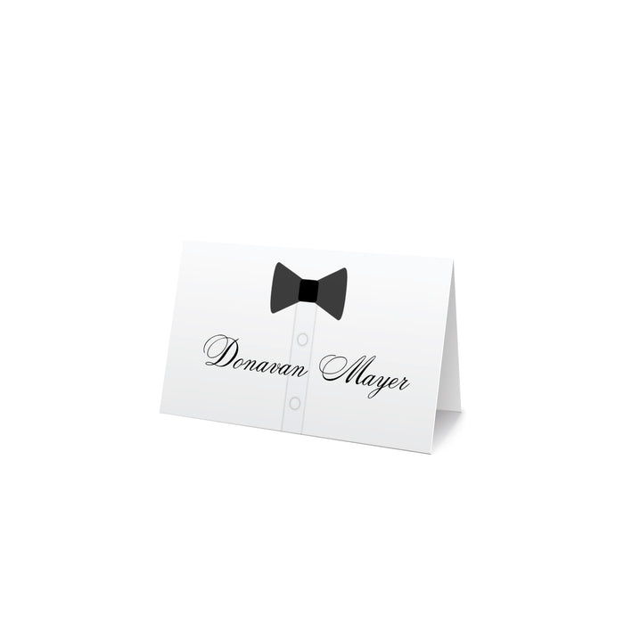 Black tie place card template with tuxedo design, editable digital file for weddings, anniversaries, and formal dinner events