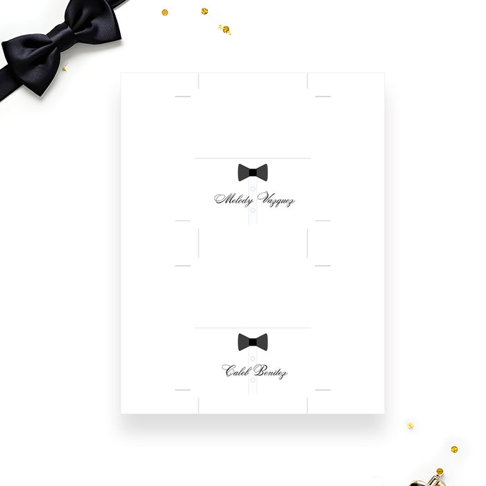 Black tie place card template with tuxedo design, editable digital file for weddings, anniversaries, and formal dinner events