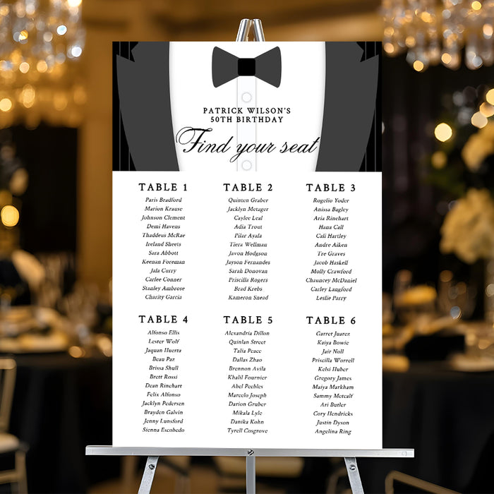 Black tie seating chart template with tuxedo design, editable digital file for weddings, milestone birthdays, and formal parties