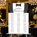 Black tie seating chart template with tuxedo design, editable digital file for weddings, milestone birthdays, and formal parties