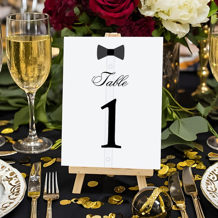 Black tie table number card template featuring tuxedo theme, editable and printable design for weddings and elegant parties