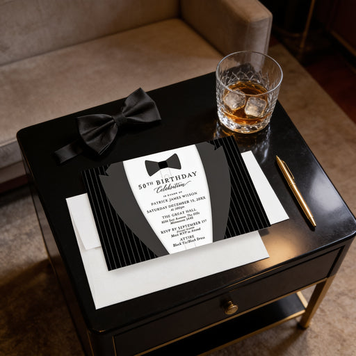 Personalized 50th birthday invitation featuring an elegant black tuxedo, bow tie, pinstripe details and custom black-tie celebration information