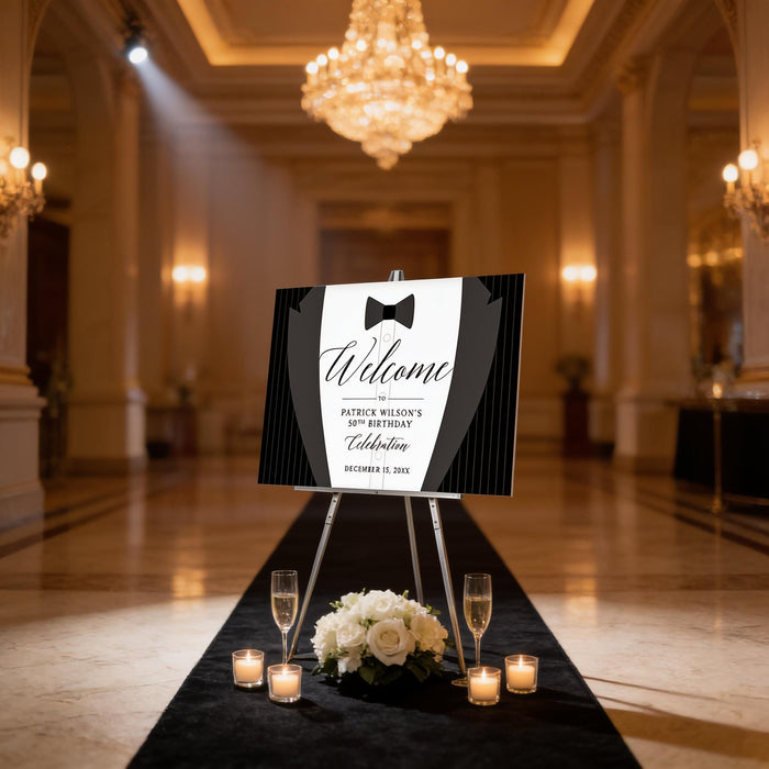 Personalized 50th birthday welcome sign featuring a sophisticated black tuxedo, bow tie, pinstripe details and elegant script lettering