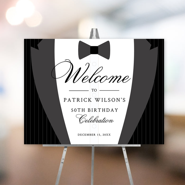 Black tie tuxedo style welcome sign template for formal events, editable digital file for weddings, parties, and black tie celebrations