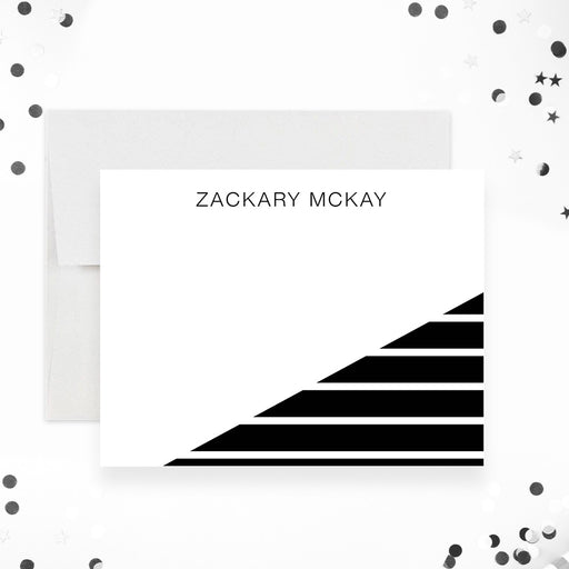 Black and white modern note card for men with bold corner stripes