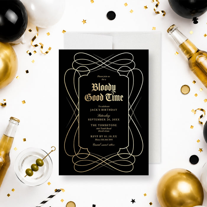 Bloody Good Time digital invitation featuring elegant black and gold gothic birthday party design
