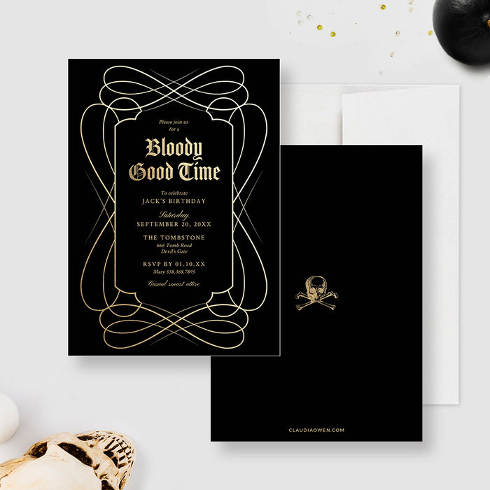 Bloody Good Time digital invitation featuring elegant black and gold gothic birthday party design