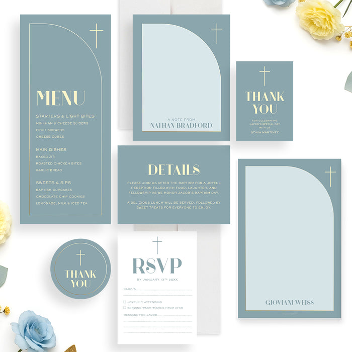 Blue Baptism Invitation Gold Cross Christening Invitation