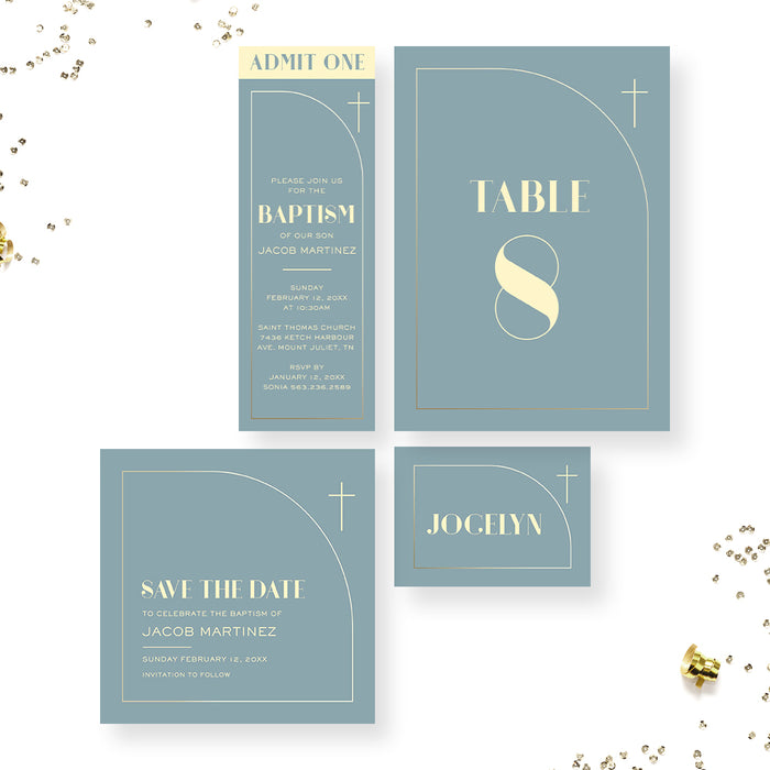 Blue Baptism Invitation Gold Cross Christening Invitation
