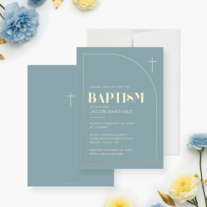 Blue baptism invitation with gold cross featuring a modern minimalist layout and elegant typography for a christening celebration.-front-back