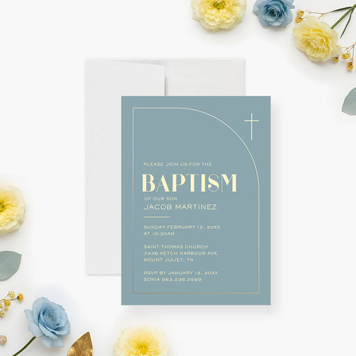 Blue baptism invitation with gold cross featuring a modern minimalist layout and elegant typography for a christening celebration.-front