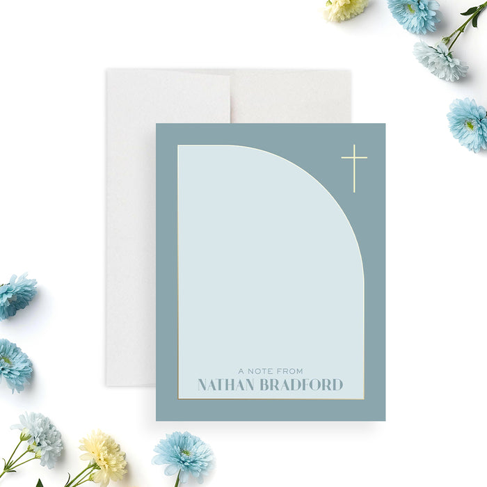 Blue baptism thank you card with gold cross and modern arch design for a christening or baby dedication celebration.-front