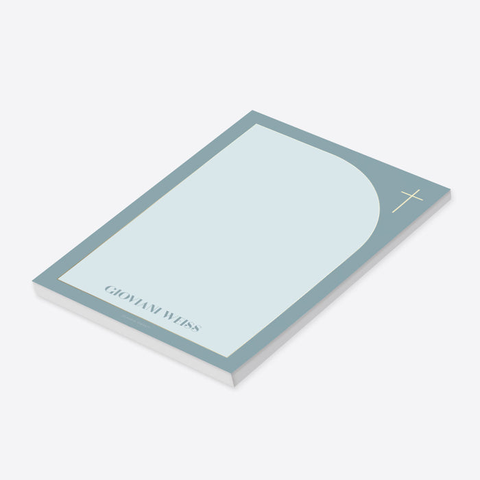 Blue baptism notepad with gold cross and modern arch design personalized with a name for christening gifts, baptism favors, or religious stationery.-side