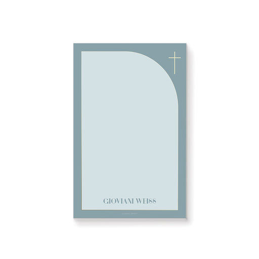 Blue baptism notepad with gold cross and modern arch design personalized with a name for christening gifts, baptism favors, or religious stationery.