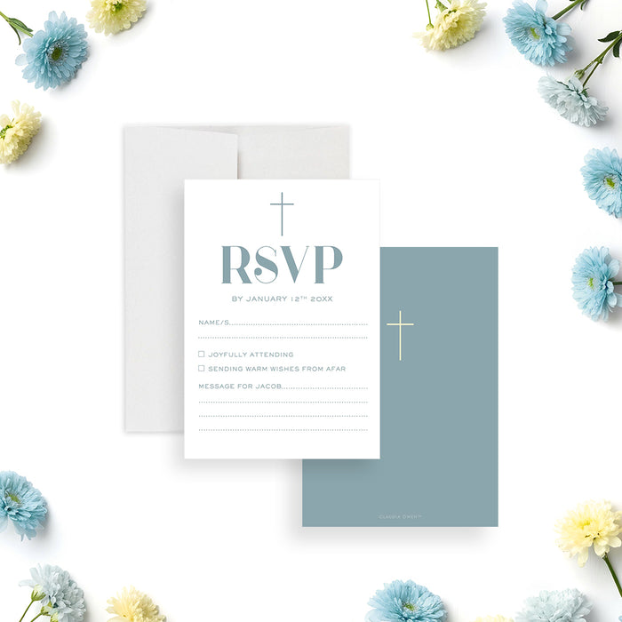 Blue Baptism Invitation Gold Cross Christening Invitation
