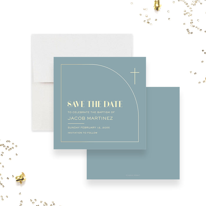 Blue baptism save the date card with gold cross and modern minimalist design for a christening or baby dedication celebration.-front-back