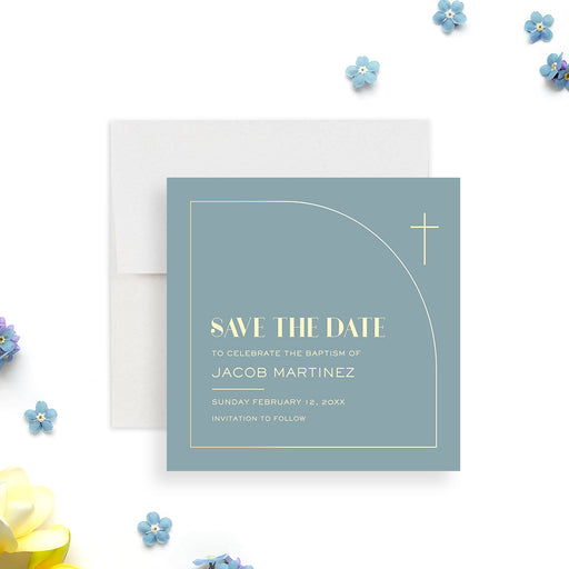 Blue baptism save the date card with gold cross and modern minimalist design for a christening or baby dedication celebration.-front