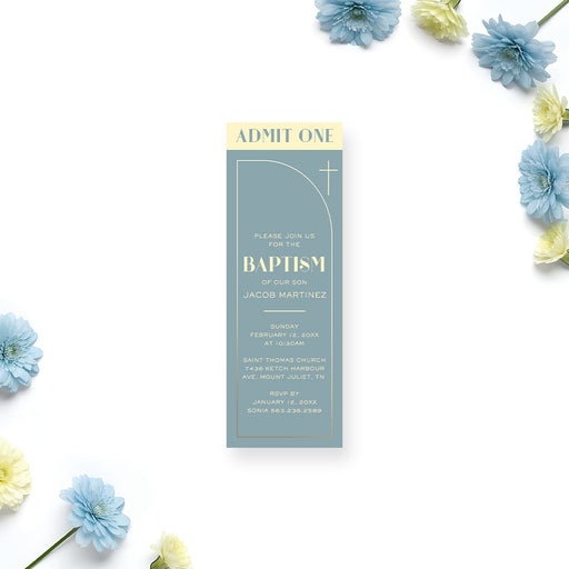 Blue baptism ticket invitation with gold cross and modern arch design for a christening or baby dedication celebration.